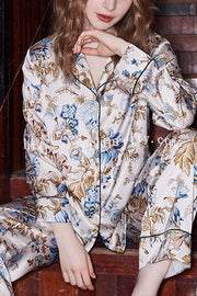 White Begonia Printed Home Long Sleeved Two-piece Set