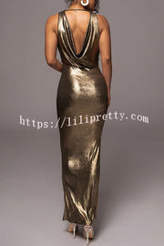 Metallic Fabric V Neck Pleated Backless Maxi Dress