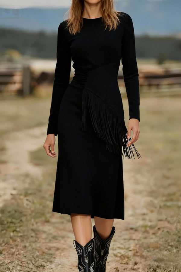 Solid Color Round Neck Long-sleeved Suede Slim-fit Tassel Midi Dress