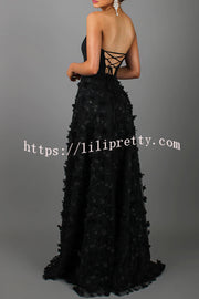 Lilipretty Daydream Off Shoulder Embroidered Tulle Floral Back Lace-up Prom Formal Maxi Dress