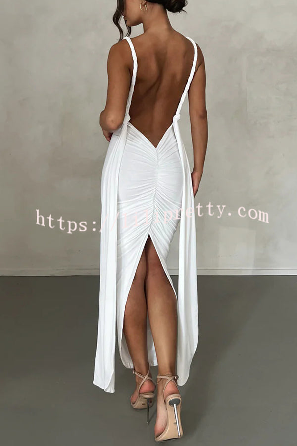 Fashionable and Sexy Deep V Backless Pleated Slit Maxi Dress