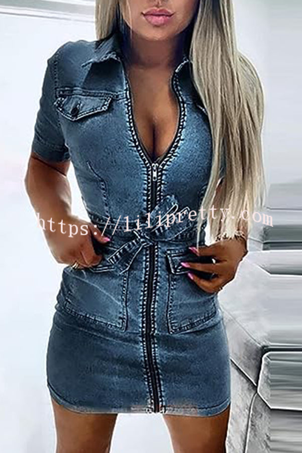 Lilipretty Tie Waist Zipped Pocket Denim Mini Dress