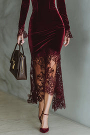 Fashionable Velvet and Lace Patchwork Square Neck Long-sleeved Maxi Dress