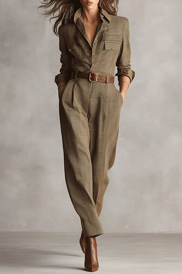 Retro Plaid Print Casual Pocket High-waisted Jumpsuit