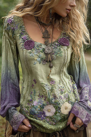 Bohemian Floral Print Round Neck Long-sleeved Loose Top