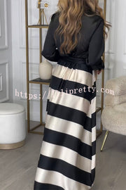 Lindsey Satin Colorblock Contrast Long Sleeve Belted Shirt Maxi Dress