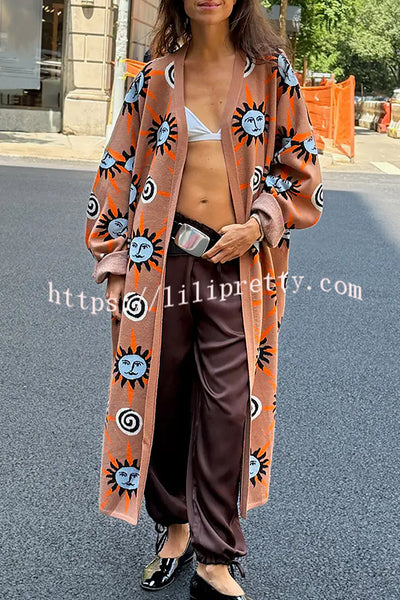 Mediterranean Art Knit Unique Sun Vortex Print Bell Sleeve Long Cardigan