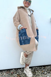 Soft and Warm Zipper Denim Pocket Long Sleeve Hooded Midi Sweatshirt Coat