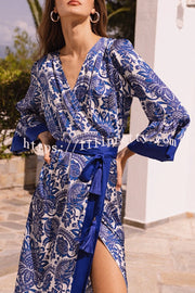 Greek Island Satin Unique Floral Print Tassel Belted Wrap Maxi Dress