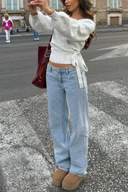 Solid Color Crossover V-neck Tie Elegant Long-sleeved Knit Top