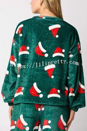 Christmas Printed Crew Neck Long Sleeve Top and Elastic Waist Loose Pants Set