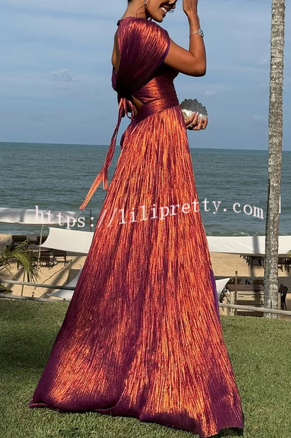 Dreamy Destiny Metallic Fabric Cape Sleeve Back Tie-up Maxi Dress