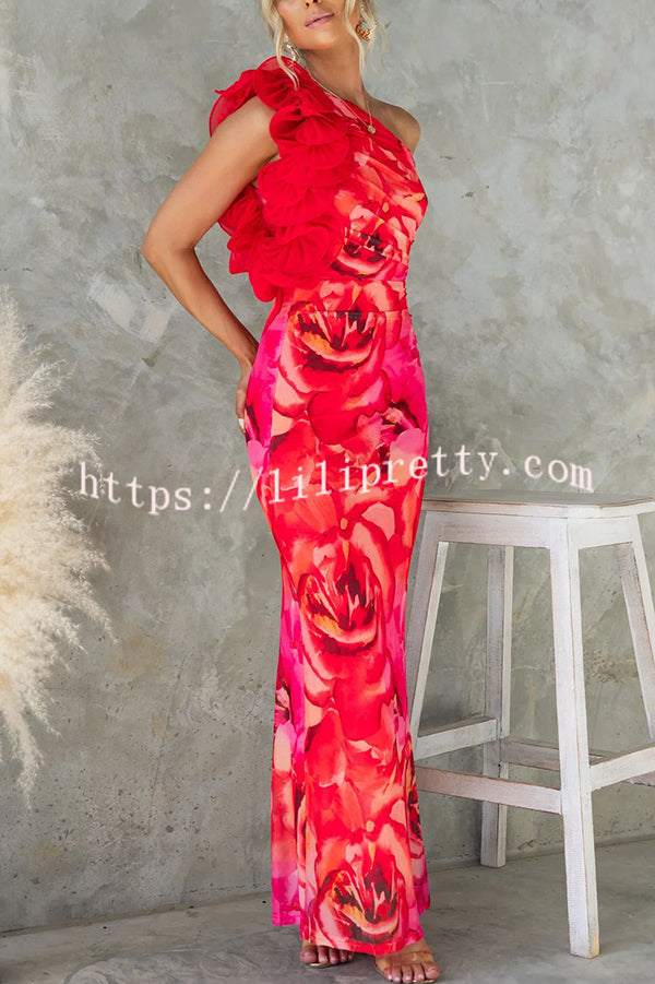 Floral Print Sleeveless 3D Flower One Shoulder Slim Maxi Dress