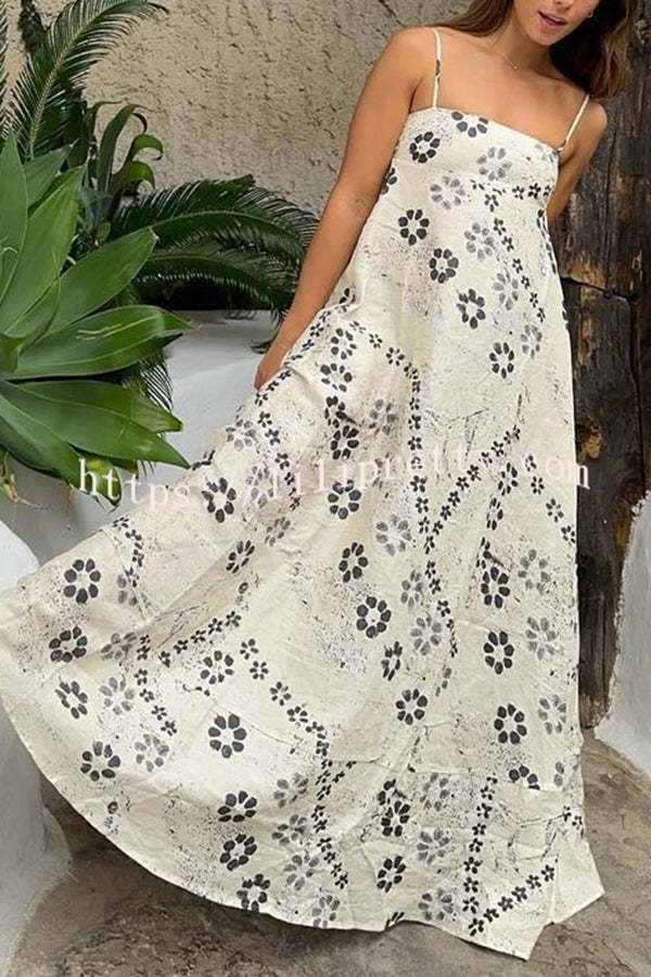 Linen Blend Floral Print Strappy Full-hem Backless Maxi Dress