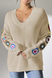 Fashion Hook Flower Long Sleeve V-Neck Loose Knitted Sweater