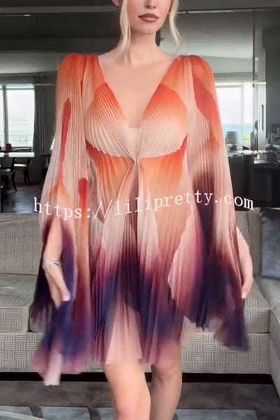 Like A Butterfly Pleated Unique Print Slit Bell Sleeve A-line Mini Dress