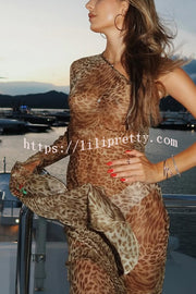 Leopard Print One Sleeve Sexy See-Through Fit Maxi Dress