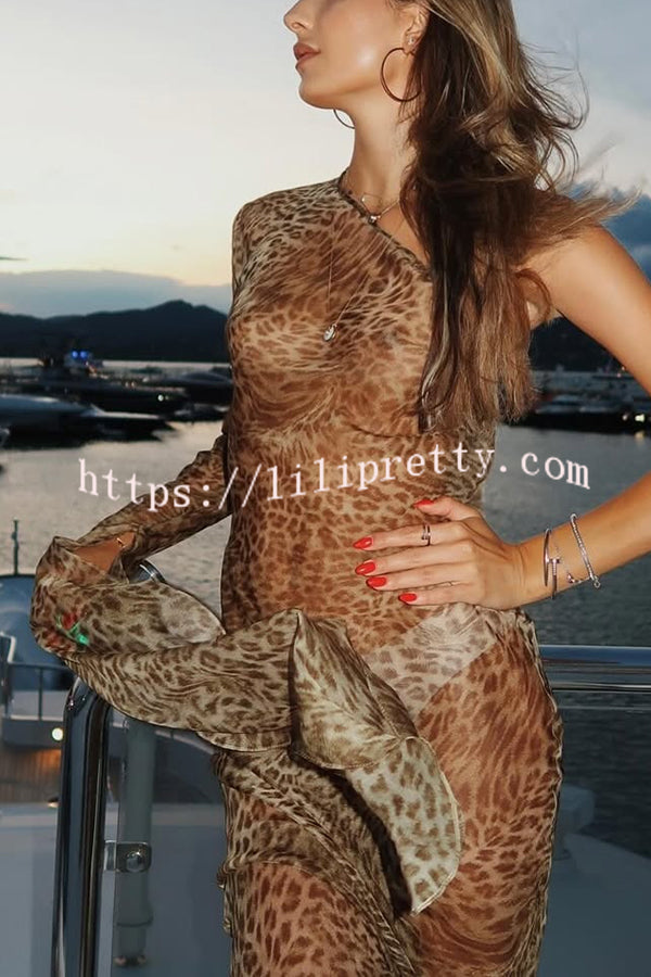 Leopard Print One Sleeve Sexy See-Through Fit Maxi Dress