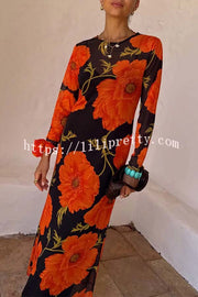 Perfect Cross-season Mesh Poppy Flower Print Long Sleeve Stretch Maxi Dress