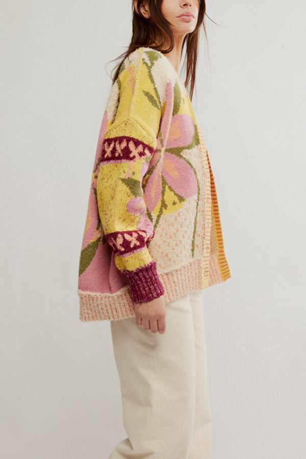 Floral Pattern Loose Long-sleeved Knitted Cardigan