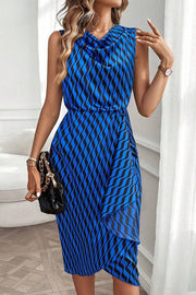 Unique Print Draped Front Neck Asymmetric Hem Mini Dress