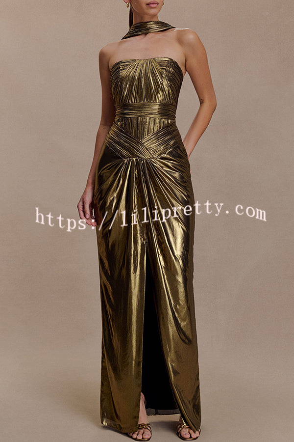 Clemence Plisse Metallic Fabric Reverse Halter Beck Strap Drape Slit Maxi Dress