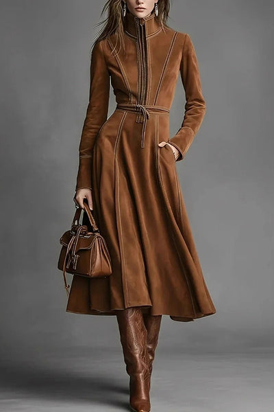Stylish Suede Long-sleeved Fitted Waist Belted Midi Dress
