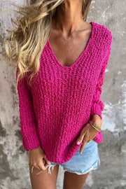 Solid Color V-neck Long-sleeved Loose Knitted Sweater