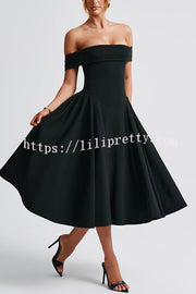 Princess Temperament Batdot Neck Pleat Detail Midi Dress