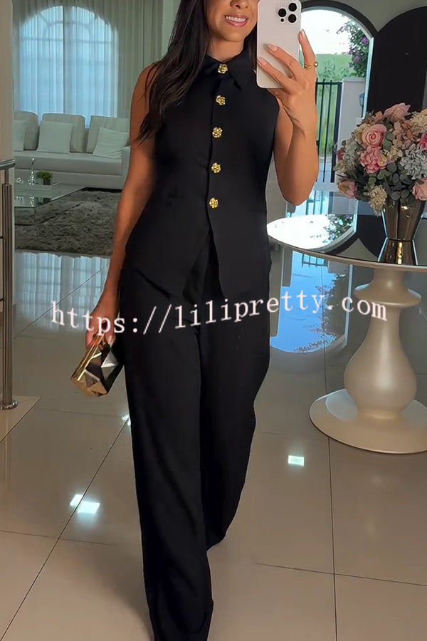 Fashion Lapel Sleeveless Button Vest and Casual Straight-leg Suit Pants Set