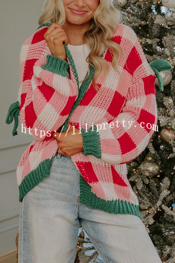 Holiday Cozy Checkered Knit Color-blocked Plaid Bow Long-sleeved Cardigan