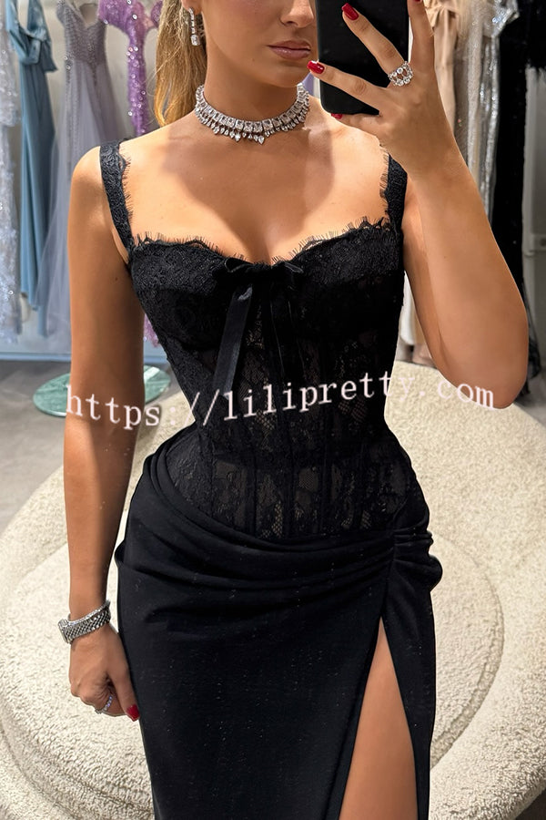Sexy Grace Magic Lace Corset Bow Design Ruched Hip Slit Maxi Dress