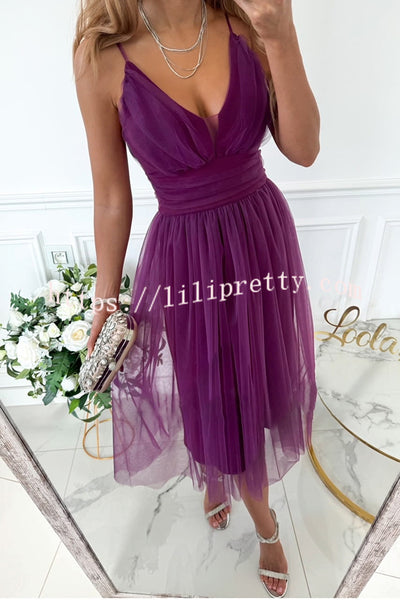 Stylish Luxury Tulle Ruched Waist Pleated Slip Formal Midi Dress