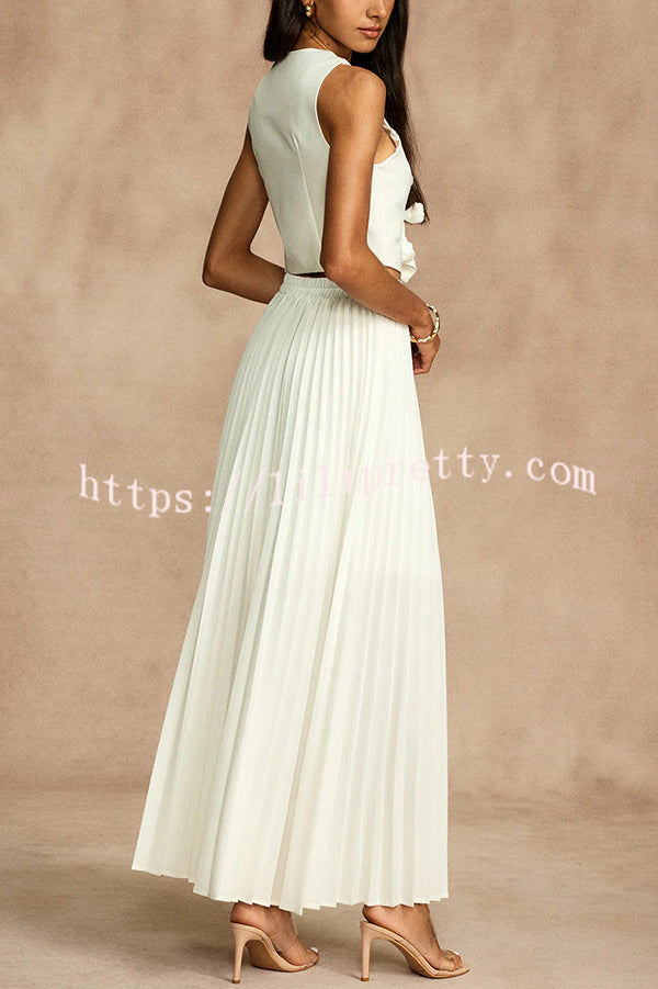 Stylish Rosette Sleeveless Tank Top and Pleated Maxi Skirt Set