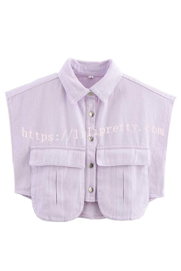 Stylish Weekend Denim Button Up Cape Sleeve Pocket Crop Top
