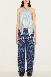 Artistic Girl Satin Unique Print Metal Chain Halter Draped Scarf Tank