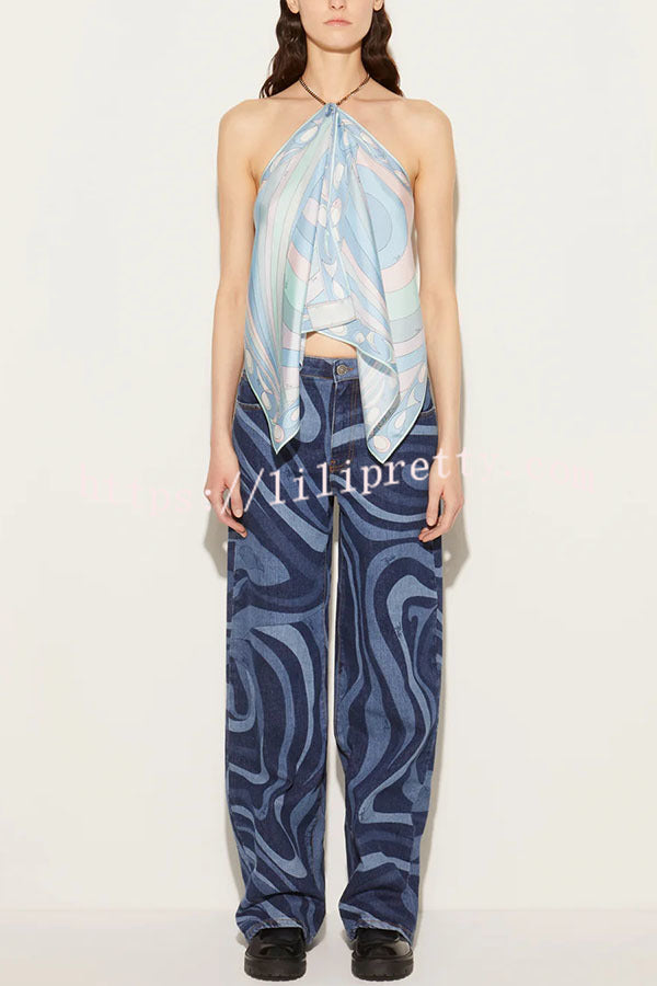 Artistic Girl Satin Unique Print Metal Chain Halter Draped Scarf Tank