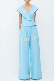 Velena Linen Blend Button Up Lapel Top and High Rise Pocket Wide Leg Pants Set