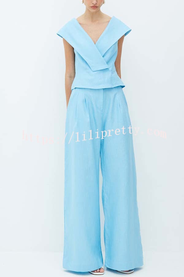Velena Linen Blend Button Up Lapel Top and High Rise Pocket Wide Leg Pants Set