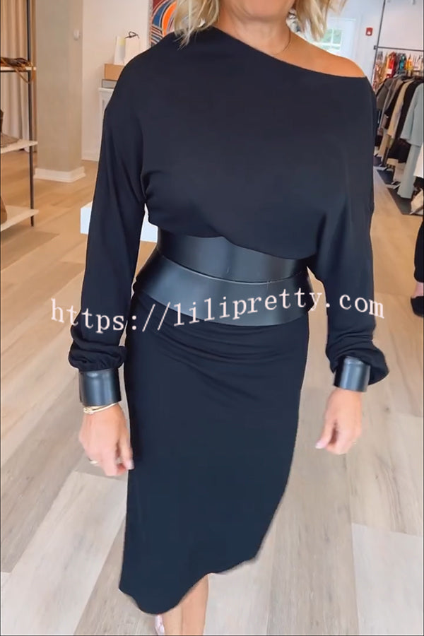 Winston Faux Leather Patchwork Wide Belt Design One Shoulder Stretch Midi Dress