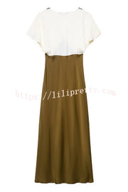 Fashionable Contrast Color V-neck Lace Stitching Maxi Dress
