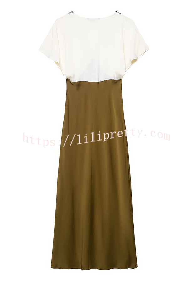 Fashionable Contrast Color V-neck Lace Stitching Maxi Dress