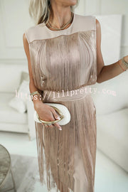 Elegant and Modern Draped Tassel Design Sleeveless Stretch Midi Dress