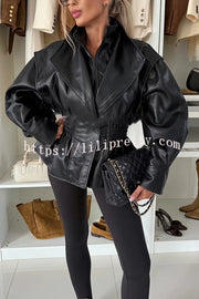 Play It Cool Faux Leather Single Button Elastic Waist Lapel Moto Jacket