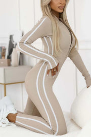 Sexy Slim-fitting Long-sleeved Striped Half-zip Jumpsuit