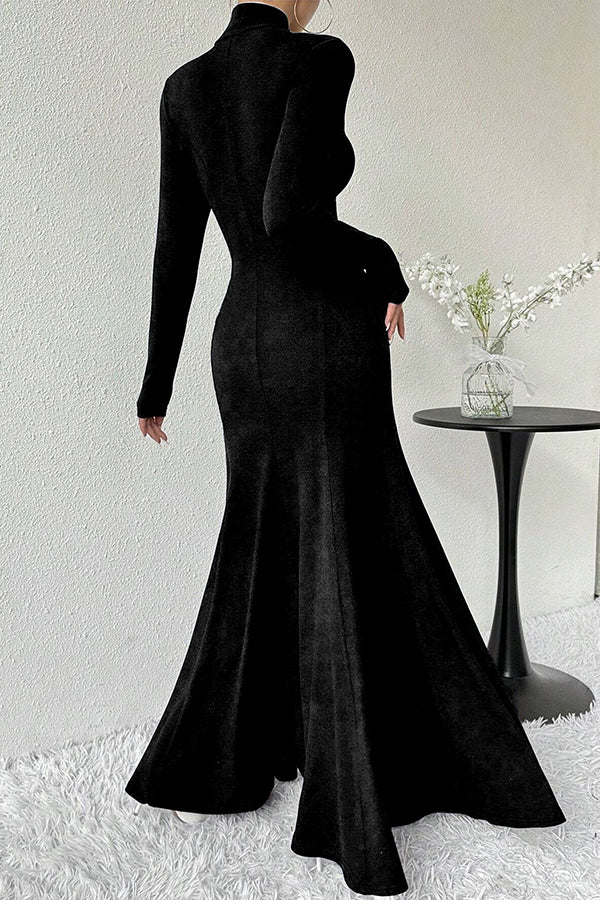 Solid Color High-neck Long-sleeved Slim-fit Fishtail Elegant Maxi Dress