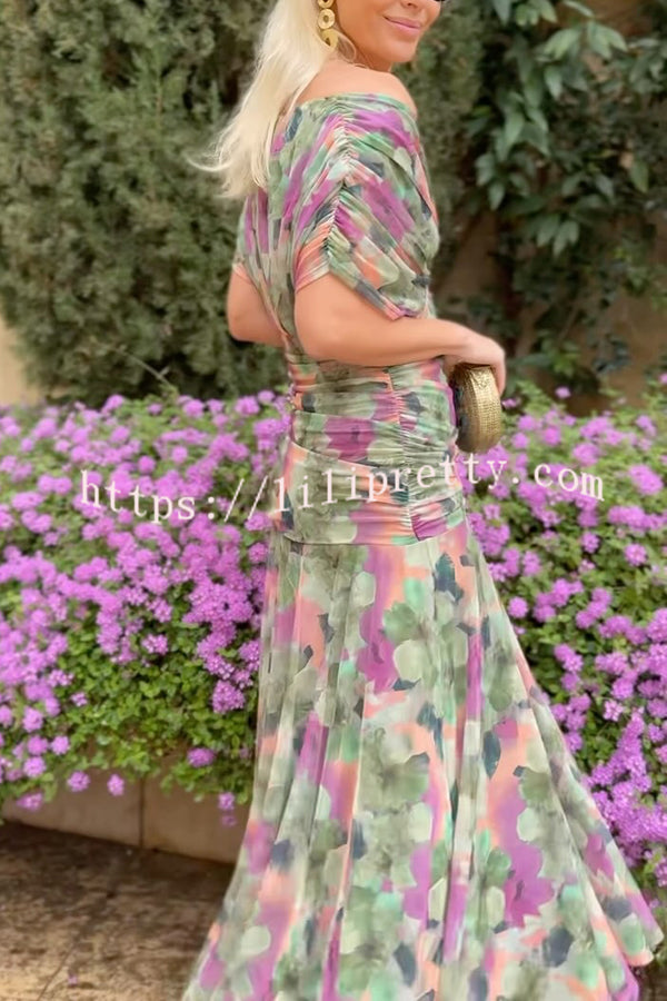 Unique Printed V-Neck Waisted Mesh Holiday Maxi Dress