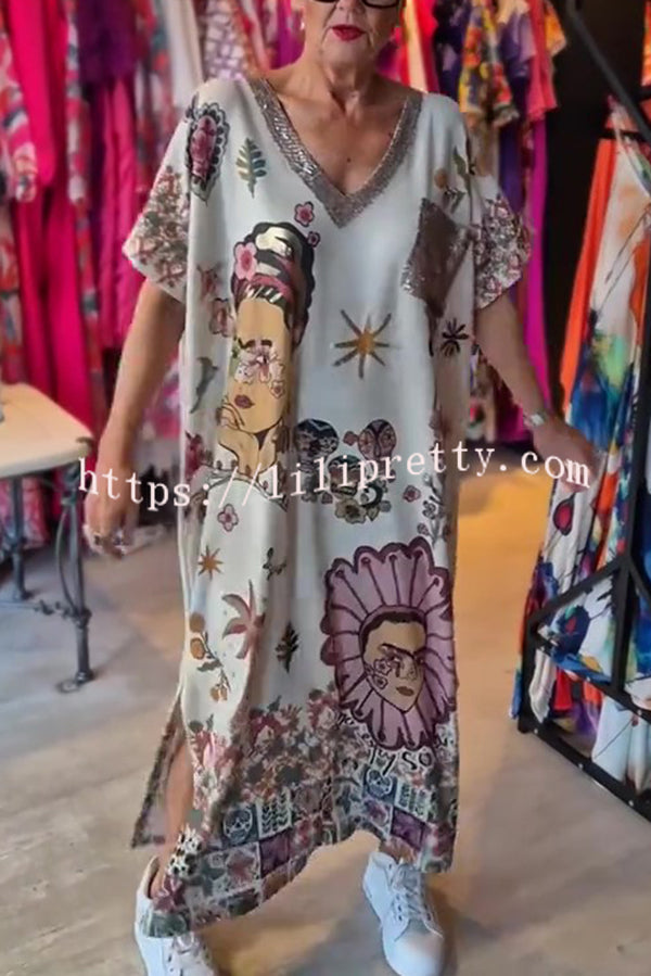 Fashion Printed V-neck Short-sleeved Casual Loose Maxi Dress