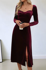 Solid Color Velvet Square Neck Long Sleeve Slit Midi Dress