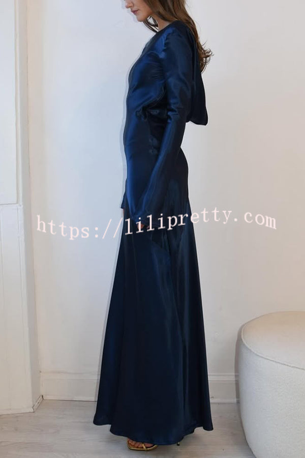 Satin Elegant Long-sleeved Open-back Slim-fit Slit Maxi Dress